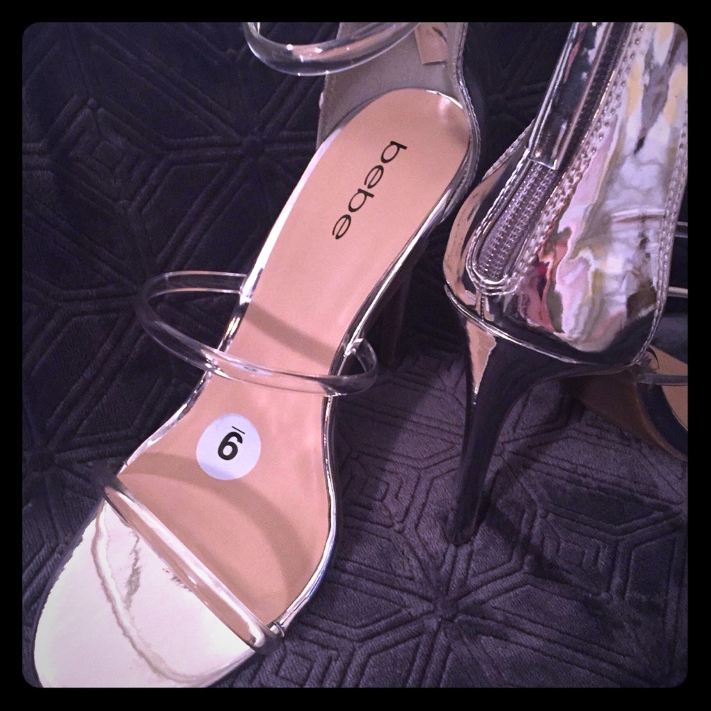 Bebe Stiletto Heels, Clear Straps, Silver Back